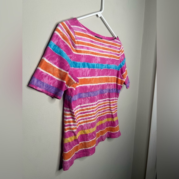 Lauren Ralph Lauren Colorful Pink Cotton Short Sleeve Multicolor Striped Shirt M - Picture 2 of 10